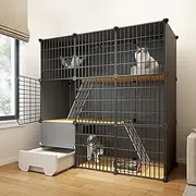 Large Cat Enclosures, Indoor Playpen, DIY Cage, Detachable Pet Playpen With Litter Box, Load 20kg, Black, Easy to Assemble (3-Tier)