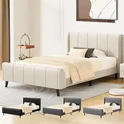 ALFORDSON Bed Frame Base King Single Size with Headboard, Bed Platform Foundation with Linen Fabric Upholstered for Mattress Topper, HUNDOLF Series Fabric Beige