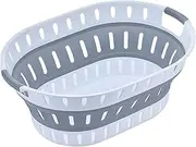 WedDecor Oval Foldable Laundry Basket 36L Collapsible Plastic Laundry Basket Pop up Bin Washing Basket Clothes Storage Multi Purpose Folding Container for Bedroom, Laundry, Grey & White