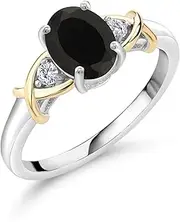 [Gem Stone King] 2 Tone 10K Yellow Gold and 925 Sterling Silver Black Onyx and White G-H Lab Grown Diamond Women Ring (1.68 Cttw, Available in size 5, 6, 7, 8, 9)