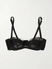 [COCO DE MER] COCO DE MER - Athena Satin-trimmed Embroidered Tulle Underwired Bra - Black - 34DD 34 DD Black