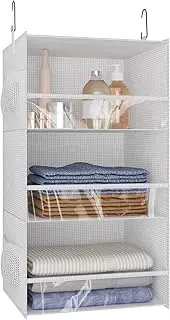 [Aikebhc] 3 Shelf Hanging Closet Organizer Front Lip Design, Wider and Foldable Hanging Closet Wardrobe Storage Shelves with 4 Side Pockes, Clothes Handbag Shoes Accessories Storage, White