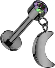 [Pierced Owl] 16GA ASTM F-136 Implant Grade Titanium Threadless Push-In CZ Crystal with Dangling Crescent Moon Flat Back Stud