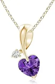 [Angara] Natural Heart-Shaped Amethyst Ribbon Pendant Necklace with Diamond in 14ct Solid Gold for Women | February Birthstone Jewellery for Her