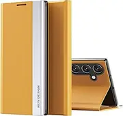 Business Smart Sleep Mirror Cases Compatible with Samsung Galaxy A24 A34 A54 4G 5G SM-A346E SM-A546U SM-A546B Phone Shell housing Tempered Glass flip Cover (Yellow,Samsung A54 5G)