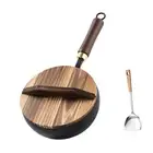 Iron Wok Pan Hammered Traditional with Wooden Lid Cooking Pan Multipurpose 26cm