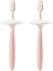 Pink Kids Toothbrush, Manual Toothbrush with Suction Base, Pack of 2 Infant Silicone Toothbrushes for Ages 1-3 Years