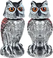 2 Pack Fake Owl Decoy Bird Scarecrow Sculpture, Rotating Head Plastic Owl Bird Deterrents, Nature Enemy Horned Pest Repellent for Outdoor Garden Yard