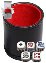 16mm Premium Rounded Corners Poker Dice White +PU Leather Red Felt Lined Cup Box