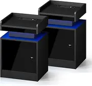 Oikiture Bedside Table Nightstand Storage — Set of 2 Modern Units with LED Lighting and USB Function Black