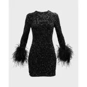 Alice + Olivia Delora Sequined Feather Cuff Mini Dress Sz 8 NWT