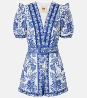 [Farm Rio] Farm Rio Printed belted cotton romper AU 10 blue