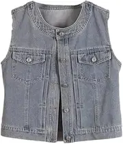 [OFFSUM] Women'S Denim Vest - Round Neck Single Breasted Sleeveless Waistcoat Spring Summer Large Size Casual Korean Style Outdoor Outerwear Top