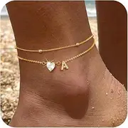 [SCTHCS] Gold Anklets Bracelet for Women Waterproof Dainty 14K Gold Plated Initial Letter Heart Layered Anklets Adjustable 8.3+2 Inch Jewelry Set for Women Gifts Trendy