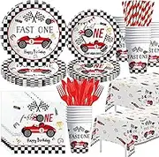 Fast One Birthday Decorations For Boys, Red Race Car 1st Birthday Party Supplies Tableware, Racing Car Paper Plates and Napkins Set, Cups, Disposable Cutlery, Tablecloth, Serves 24