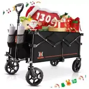 Collapsible Folding Wagon, Wagon Cart Heavy Duty Foldable with Two Drink Black
