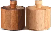 Ziliny 2 Pcs Wooden Pepper Salt Box Cellar with Lid Set Rustic Pepper Holder Condiment Pots Small Salt Keeper for Kitchen Spice Sugar Trinket Gift, 3.35 x 2.95 Inch