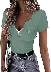 [Zylphorix] Women Zipper V-Neck Short Sleeved Tops Sexy Slim Zip Up Shirts Blouses Casual Fitting Zip Cotton T-Shirt