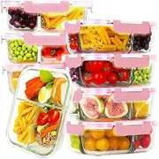 HOMBERKING 8 Pack Glass Meal Prep Containers 3 Compartment, 36oz Glass Food Storage Containers with Lids, Airtight Glass Lunch Bento Boxes, BPA-Free & Leak Proof (8 lids & 8 Containers) - Pink