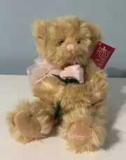 Russ Berrie 10” Champagne Tan Teddy Bear with Pink Rose Stuffed Animal Plush