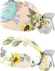[WOSHJIUK] Working Hat 2 Pack Scrub Caps for Women,Sunflower Cartoon Unicorn,Tie Back Cap Adjustable Scrub Hat