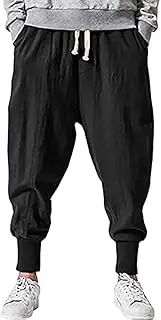 [Pengfei] Mens Linen Harem Pants Lightweight Drawstring Elastic Waist Baggy Joggers Casual Cargo Sweatpants Pant