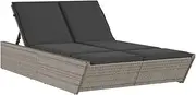 vidaXL Double Sun Lounger Chaise Lounge Daybed Grey, PE Rattan, Cushions, Adjustable Backrest, Outdoor Patio Furniture