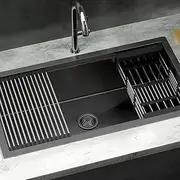 Cefito Kitchen Stainless Steel Sink, 81 x 45cm Single Bowl Basin Sinks Handmade, Home Laundry, Heavy Duty with Strainer Drain Part Basket Rack Under Top Mount Modern Design Black