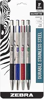Zebra Pen F-301 Retractable Ballpoint Pen, Stainless Steel Barrel, Fine Point, Assorted Ink, 4-Pack (27174)
