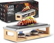 Artestia Steak Lava Stone Table Grill for Meat with Bamboo Stand, Smokeless BBQ Grill Outdoor with Fast Heating Natural Lava Cooking Stone, Ideal for Dinner and Family Fun, Two Rechauds (14.56"*6.69")
