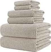 Polyte Microfibre Oversize, 76 x 152 cm, Quick Dry Lint Free Bath Towel Set, 6 Piece (Beige, Waffle Weave)