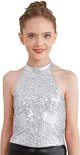 [Riismen] Kids Girls Sequins Halter Tank Tops Sparkle Jazz Cheerleading Dance Tops Hip Hop Dance Costume