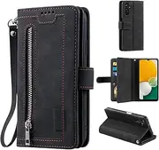 UEEBAI Wallet Case for Samsung Galaxy S23 FE 5G, Retro 9 Card Holder Slots Zipper Pocket Handbag Case PU Leather Magnetic Closure Kickstand with Wrist Strap TPU Shockproof Flip Case - Black