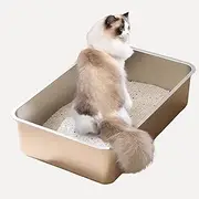 Cat Stainless Steel Litter Box for Cats, Metal Litter Box, Non-Sticky and High Side, Easy to Clean, Tan Colour