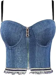 [HAMKVBPR] Womens Sexy Top Wear Open-Back Stretch Denim Zipper Small Vest Tube Top Camisole Vest Top Shirts