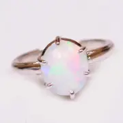 14KT White Gold & 1.00Ct Oval Shape 100% Natural Australian Opal Solitaire Ring