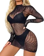 [UAREBST] Women's Black Lingerie Dress, Sexy Fishnet Chemise Babydoll Bodysuit, Summer Long Sleeve Teddy Dress, Women Sexy Mesh Top, Black, One Size