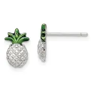 Sterling Silver Rhod-Plated Pineapple W/Green Enamel Post Earrings