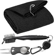 VIVIDLY Microfiber Waffle Pattern Tri-fold Golf Towel (16" x 24") With Club Brush and Divot Tool | Black Towel Set for Golf Lovers | Accessories for Men