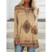 Women's Plus Size T Shirt Tunic Shirts Geometric Plaid Vintage Tunic Ethnic Long Sleeve Round Neck Long Tops Casual Print Marron Yellow Light Green Wine Red Fa