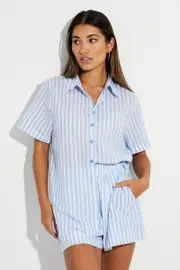 Blue Stripe Mini Shorts High Rise Cotton Blend - Size 8, Women's Shorts