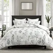 King Comforter Set, 100% Cotton Comforter, Floral King Comforter Bedding Set, Botanical Fluffy Cooling Lightweight Quilted Comforter for King Size Bed, 104" × 90", 3pcs, White/Black