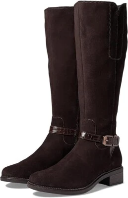 Clarks Women's 9 WIDE Maye Aster Buckled Riding Boots in Dark Brown Suede