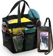 Shower Caddy Coated Mesh XLarge Tote Bag Includes 8 Pockets Waterproof Phone Pouch Gym Dorm Travel Quick Dry (Black Teal Polka Dot)