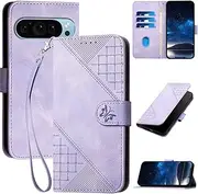 Case for Google Pixel 9/Pixel 9 Pro 6.3", Wallet Case With Wrist Strap & Magnetic Clasp, PU Leather Cover With Card Holder/Slot Stand Flip Folio Soft Shell Book Cover, Purple