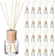 Roshtia 20 Set Reed Diffuser Bottle Empty Refillable Fragrance Glass Diffuser Bottles Set with Wooden Caps Rattan Sticks 50ml 1.7 oz Round Glass Jars for DIY Fragrance