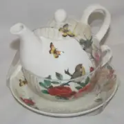 Stechcol Gracie Tea for One Teapot Cup Saucer Springtime Birds Flowers New