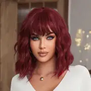 Short Wavy Red Wig with Bangs for Women - 14 Inch Wine Red Curly Hair