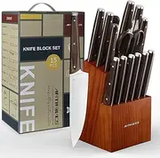 Knife Block Set, 15 Pcs German Stainless Steel(X50CrMoV15) Knife Set with Block, Kitchen Knife Sets with Full Tang Triple Rivets Ergonomic Wood Handle