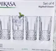 New MIKASA Set of 4 “Alden” Crystal Highball All Purpose Glasses (11.75 oz)